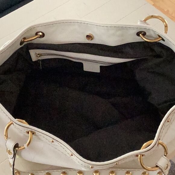 GUCCI OFF WHITE LEATHER LARGE TOTE SHOULDER BAG GOLD HEARTS GROMMET EMBELLISHED - Picture 9 of 13